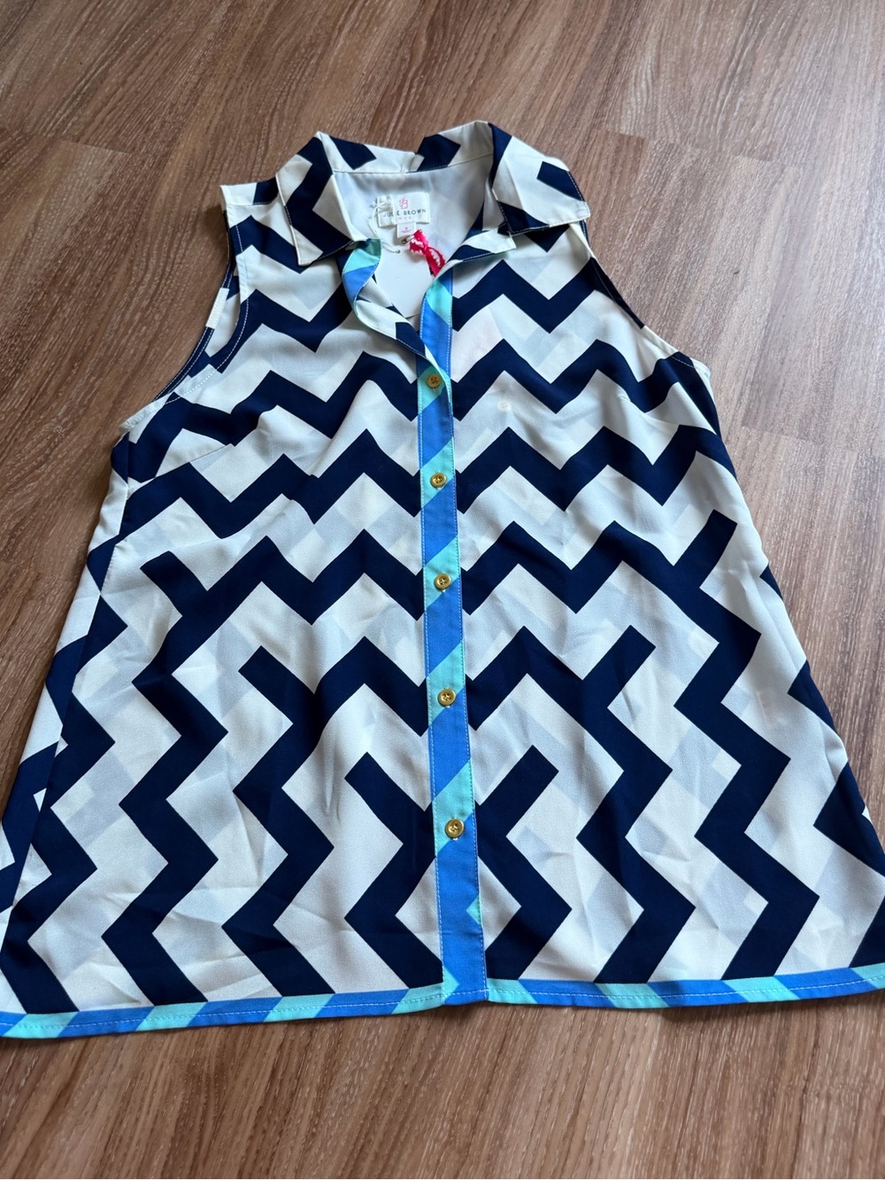 JB by Julie Brown Navy & White Chevron Button-Front Shirt with Aqua Trim